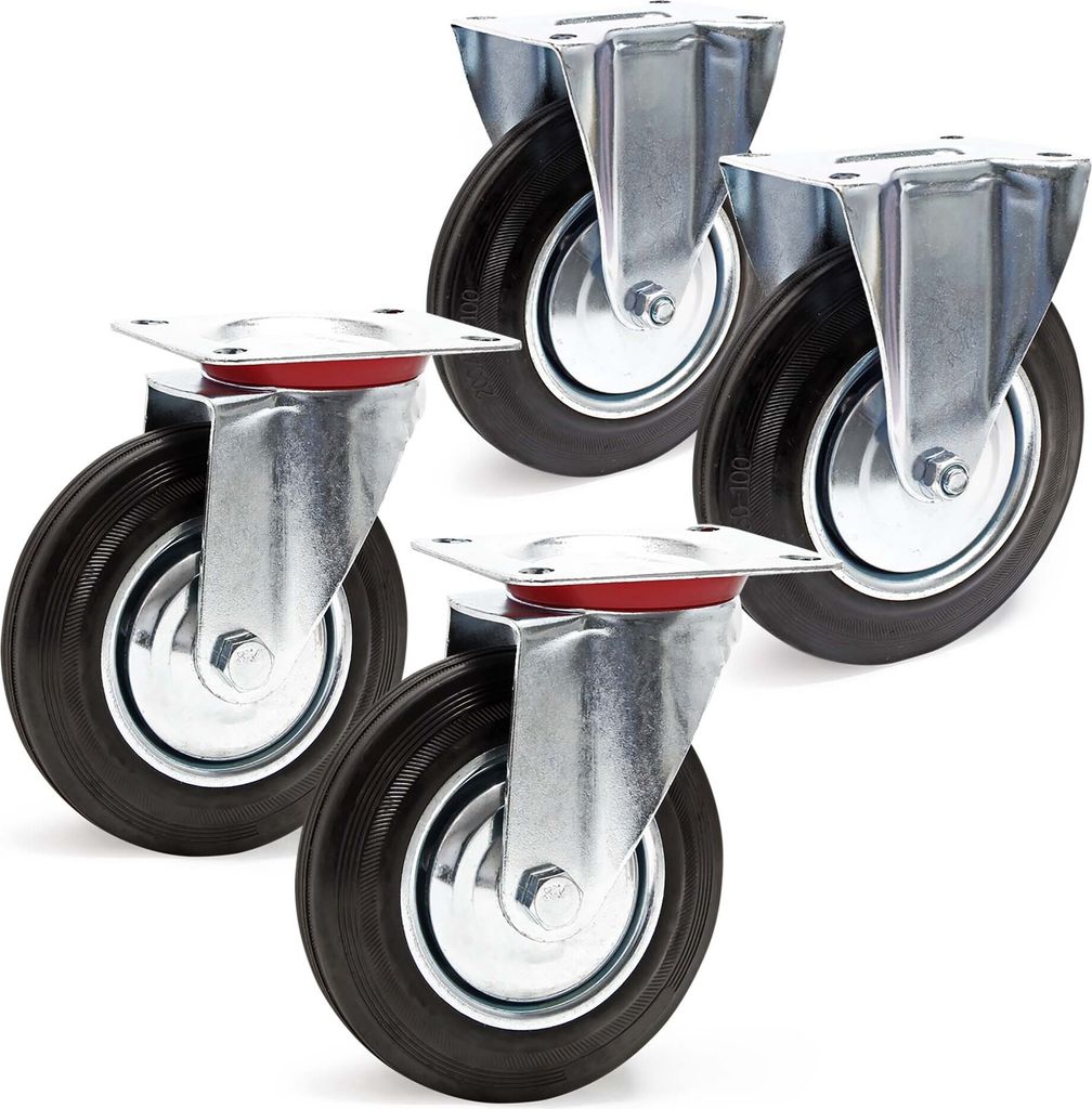 Wiltec Transportrollen Set 200mm 2x Lenkrolle ungebremst und 2x Bockrolle, mit Anbauplatte 150kg pro Rad
