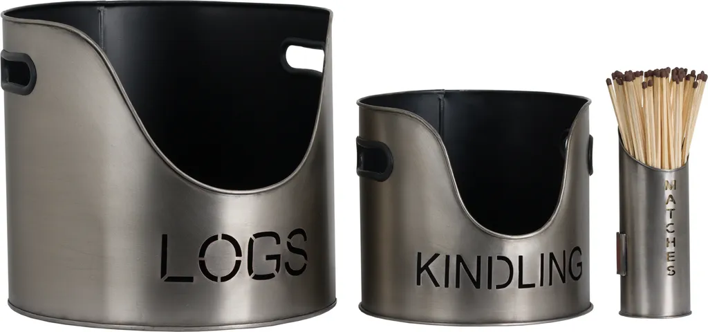 Rangement Propre pour Petit Bois de Cheminée Argenté - Kit de 3 Seaux