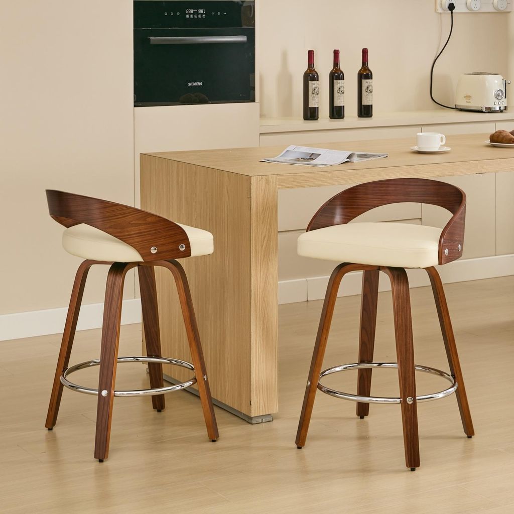 Barhocker-Set, 2er-Set, drehbare Barhocker mit niedriger Rückenlehne, Barstühle aus Holz mit weich gepolstertem Sitz, Sitzhöhe 63 cm (Beige, 63 ...