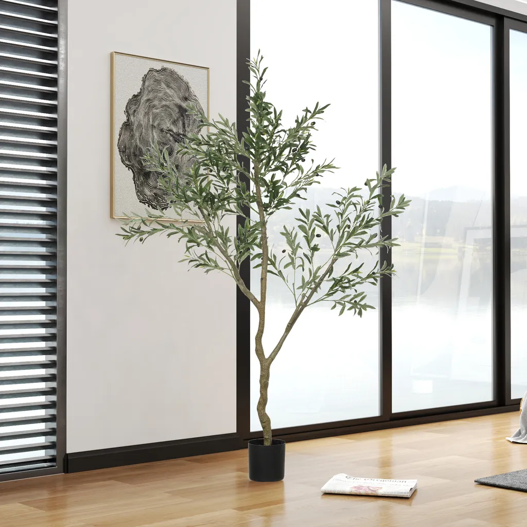 HOMCOM – 2 Ulivi Artificiali Alti 120 Cm Con Vasi In Cemento, Foglie Di Seta E Olive, Per Interni