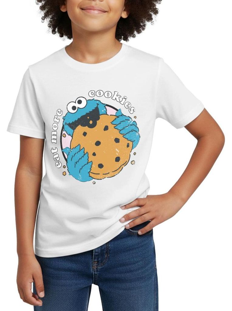 Spreadshirt Sesamstraße Krümelmonster Eat More Cookies Kinder T-Shirt, 98/104 (3-4 Jahre), Weiß