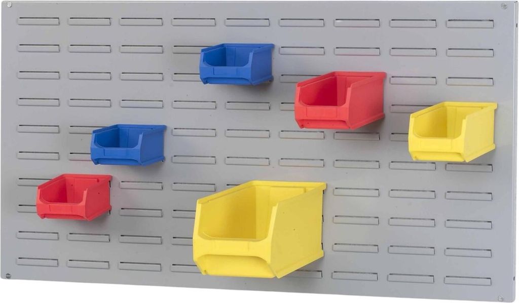 Trägersystem Graue Systemplatte mit 45x roten Sichtlagerboxen 1.0 | Maße HxB 50x100cm | Sichtlagerbox, Sichtlagerbehälter, Sichtlagerkasten