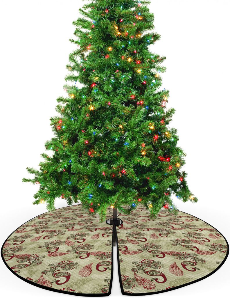 ABAKUHAUS Winter Weihnachtsbaum Rock und Schürze Pfau und Schneeflocken, Weihnachtsdeko 135 cm aus Stoff Weihnachtsbaumschmuck, Ruby-Olivgrün-Creme