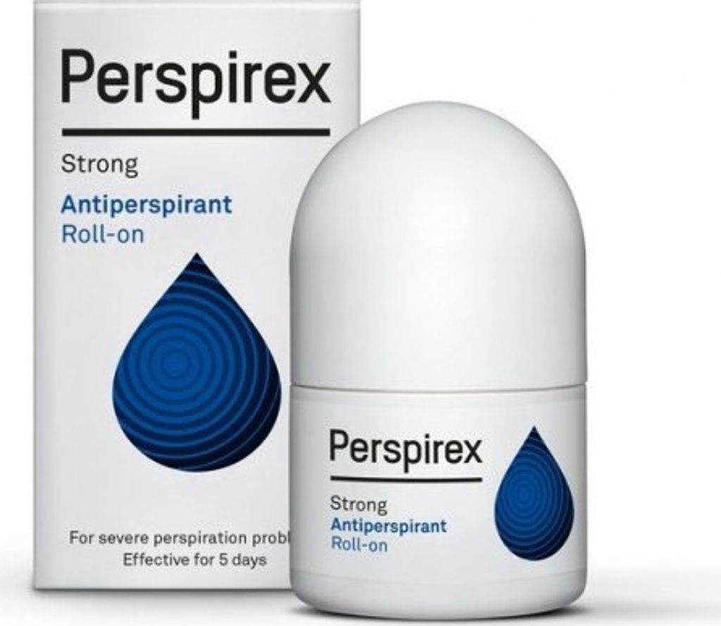 A product shot of a Perspirex Strong Antiperspirant Roll-on with its packaging.