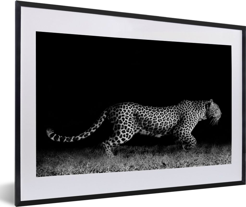 MuchoWow Gerahmtes Poster Wildtiere - Leopard - Gras - Schwarz - Weiß 60x40 cm - Poster mit Schwarzem Bilderrahmen Wandposter Rahmen Foto Bilder...
