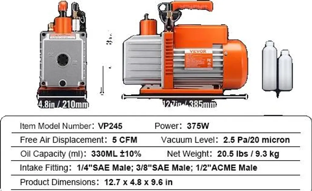 Pompe à vide 5CFM 375W 2 étages avec réservoir huile 250ML - Modèle EU