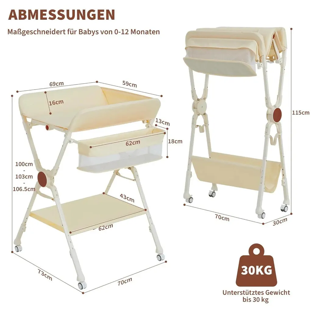 Table à langer pliable beige avec rangement et tringle à vêtements