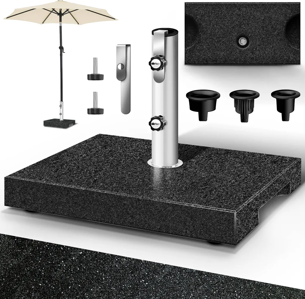 tillvex® Supporto per ombrellone in granito con maniglia di trasporto antracite - 27 kg rettangolare | Supporto per ombrellone con tubo in acciaio inox | Supporto per ombrellone da balcone per pali dell'ombrellone da 16-48 mm e 300 cm di diametro dell'ombrellone