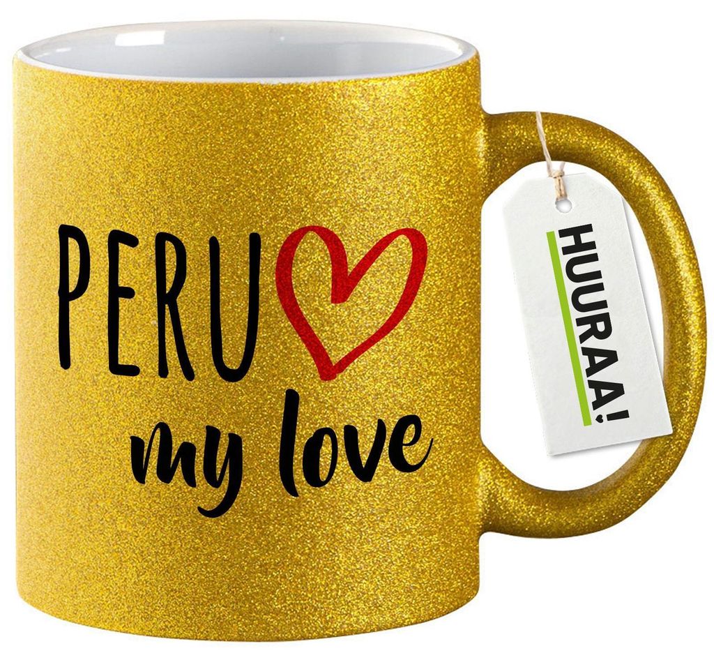 Huuraa Glitzertasse Peru my love 330ml Gold Keramik Kaffeebecher Geschenkidee