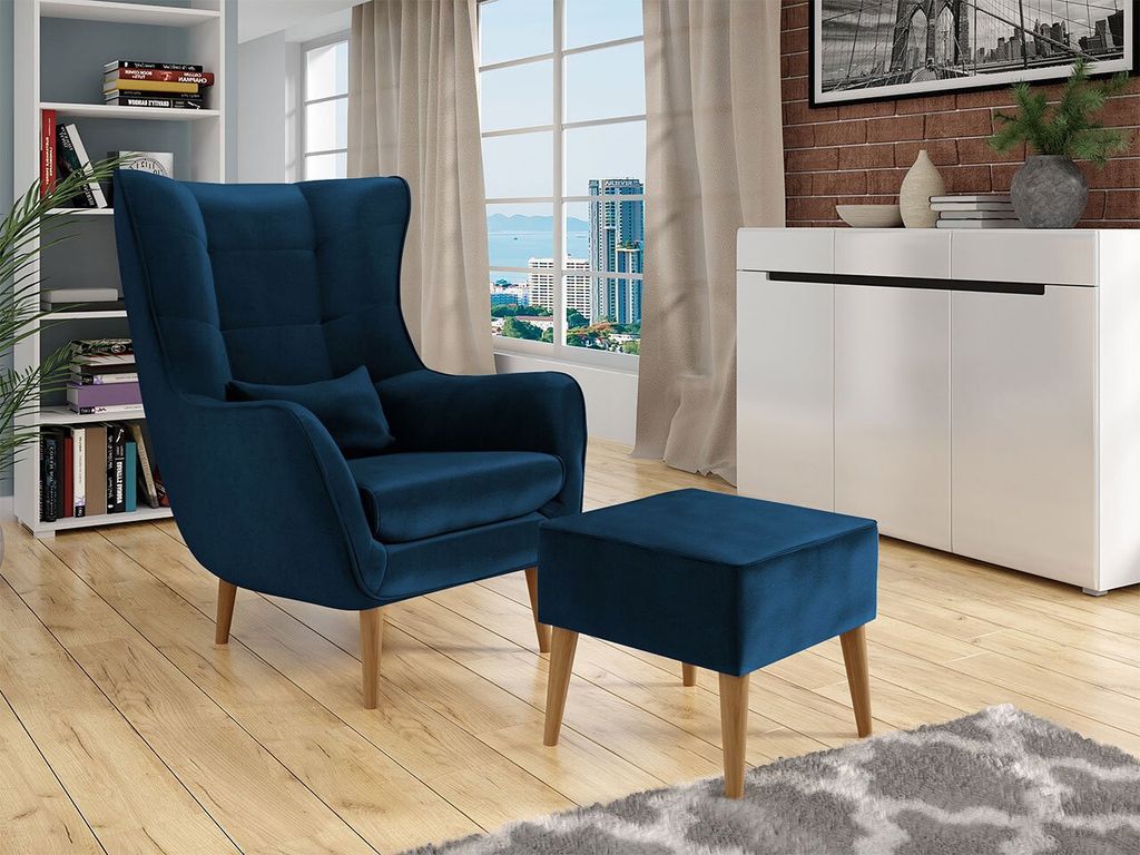 Designové křeslo ušák s taburetkou LEVI - modré Obrázek produktu 