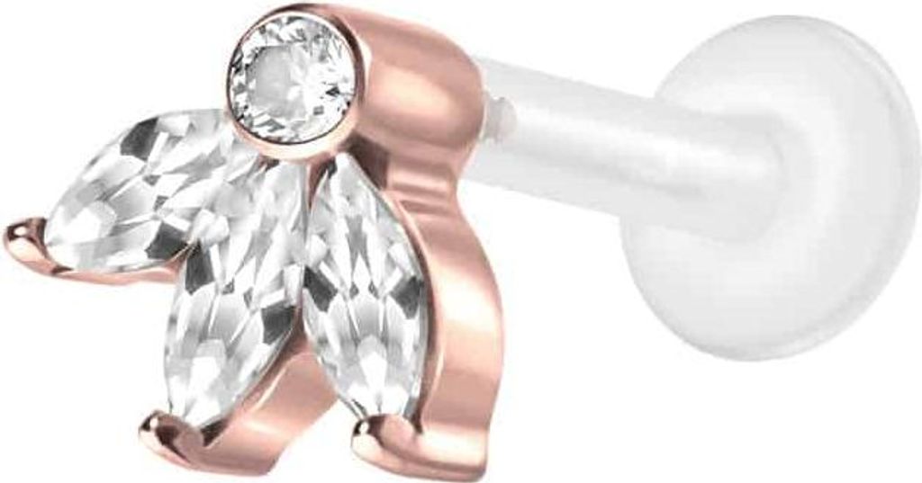 Ohrpiercing, Nasenpiercing PTFE Labret mit Innengewinde + Titan-Aufsatz LOTUSBLÜTE RoséGold Stablänge: 6mm | Stabstärke: 1,2mm