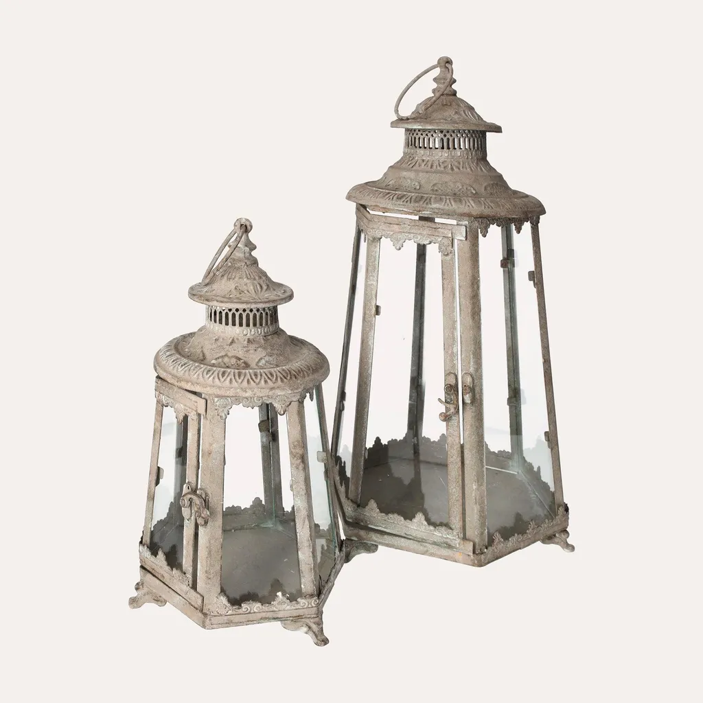 Lot de Lanternes en Fer Gris Hauteur 45 cm avec Vitrage Transparent