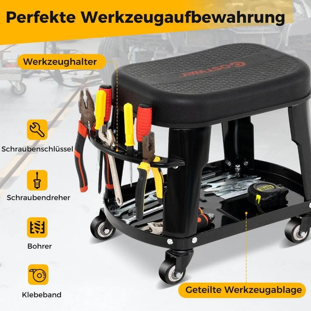 Tabouret roulant d'atelier avec large porte-outils et assise noire