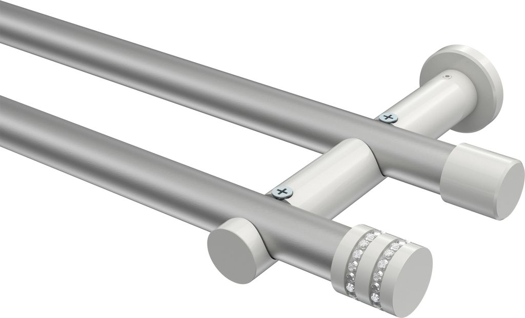 Interdeco Gardinenstange / Vorhangstange Silbergrau / Weiß, Typ Platon Estana (Glitzerkappe) ohne Ringe, 20 mm Ø 2-läufig, 420 cm