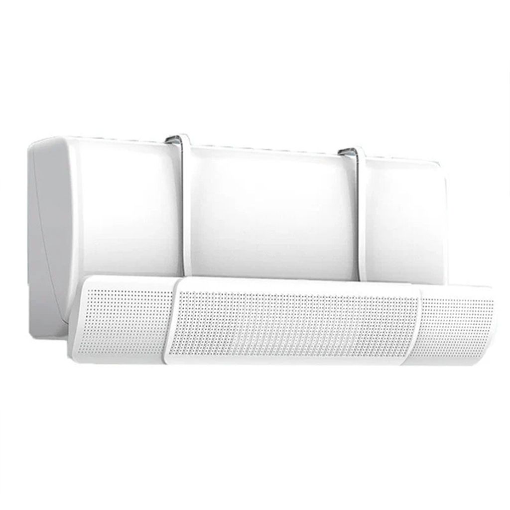A white air conditioner deflector is shown against a white background.