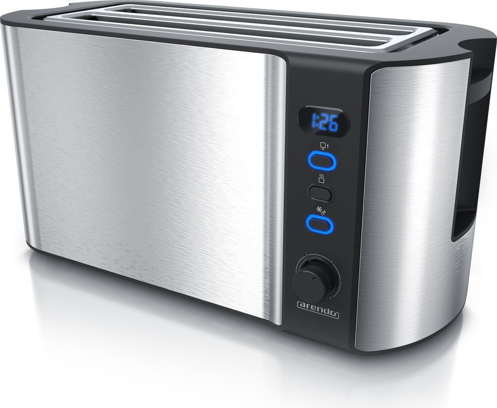 Arendo Toaster, 2 lange Schlitze, für 4 Scheiben, 1500 W, Langschlitz, Brötchenaufsatz, Wärmeisolierendes Gehäuse, Display, silber