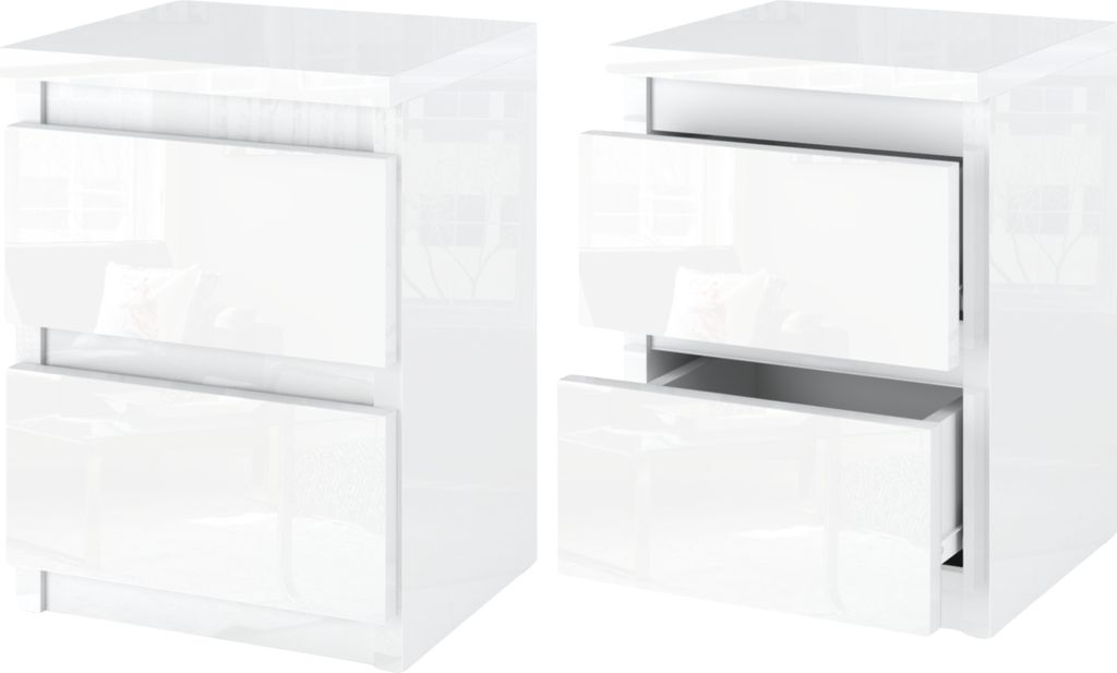Two white bedside tables with two drawers each, shown from a slightly angled front view.