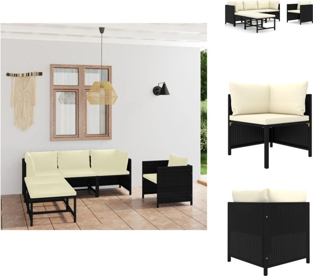 vidaXL 6-tlg. Garten-Lounge-Set mit Kissen Poly Rattan Schwarz - Gartenmöbel-Sets