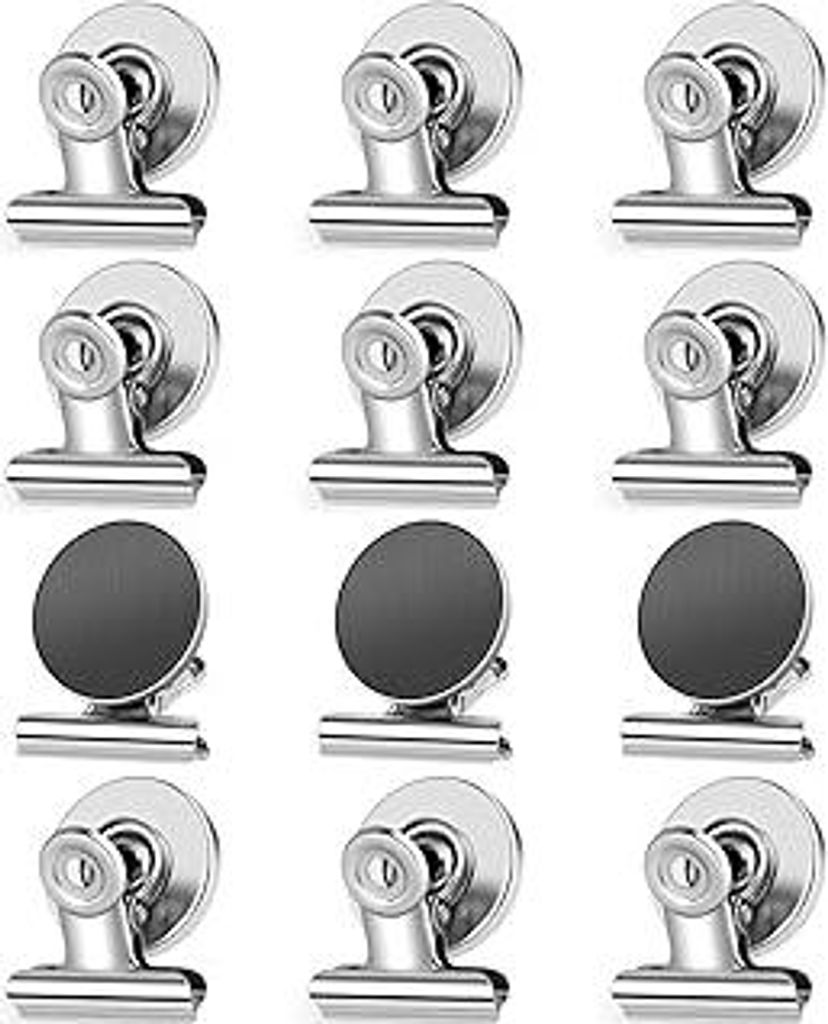 12 Stück Magnetische Clips, Whiteboard Magnete für Magnettafel, Starke Kühlschrankmagnet Clips mit Kratzfesten Klebepads, Magnetische Metall Kla...