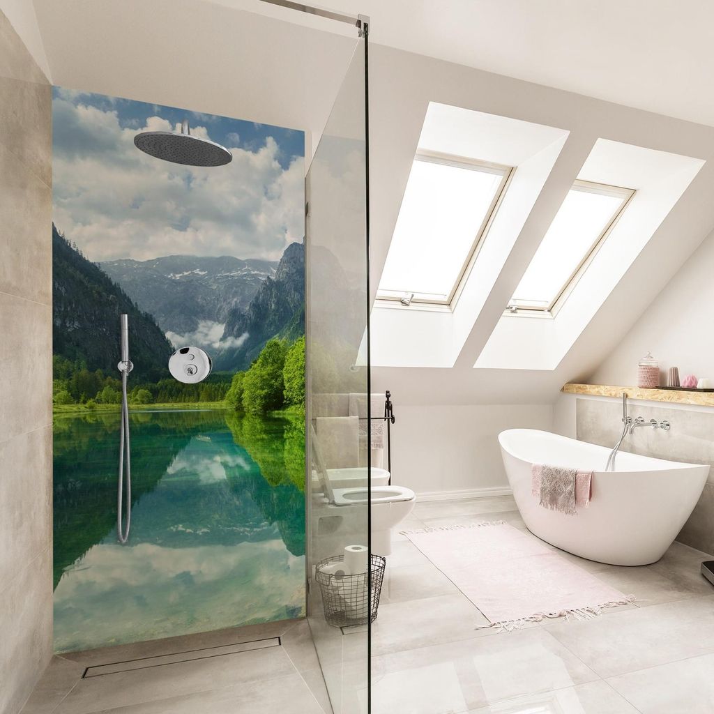 Duschrückwand Wald selbstklebend - 0.35 mm Wandpaneel wasserfest Berg grün Motiv Badrückwand fugenlos Smart matt 100x190 cm