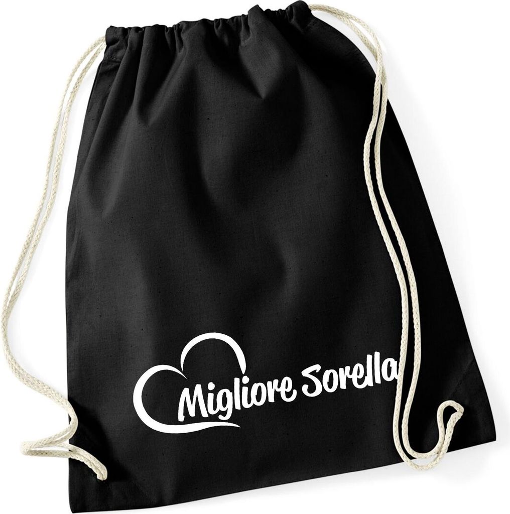 Huuraa Turnbeutel Migliore Sorella Cuore 12 Liter Black Baumwolle Rucksack Geschenkidee