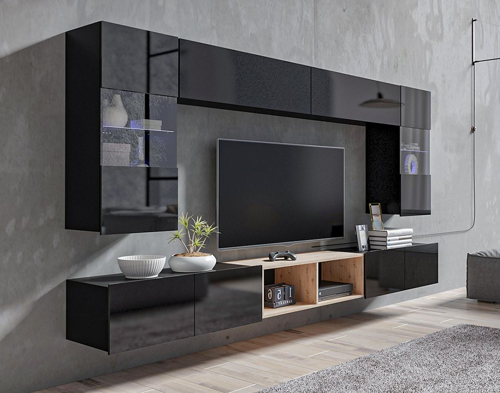 AX LIVING Wohnwand Wohnzimmer Kossana 24 – 300cm Schwarz/Goldene Eiche