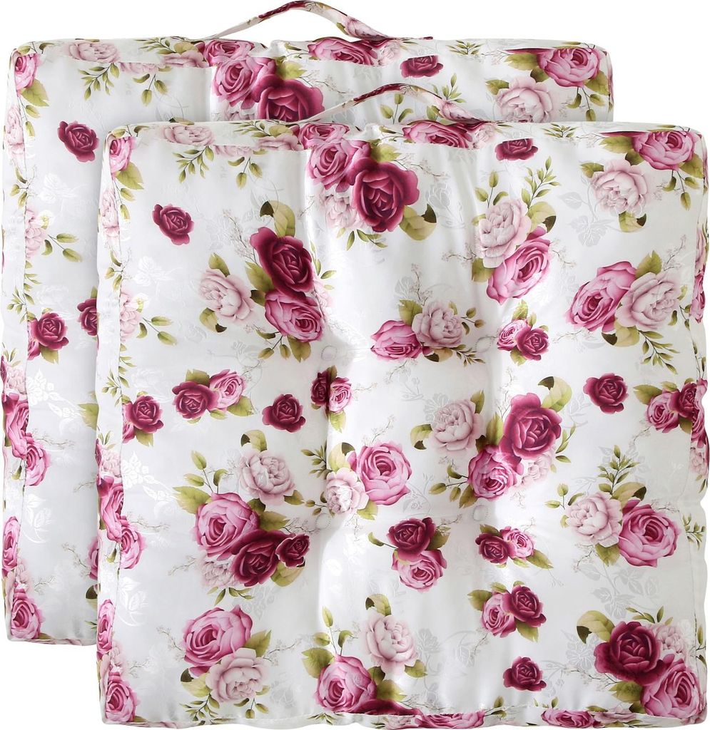 Two square seat cushions with a floral rose pattern are shown side-by-side.