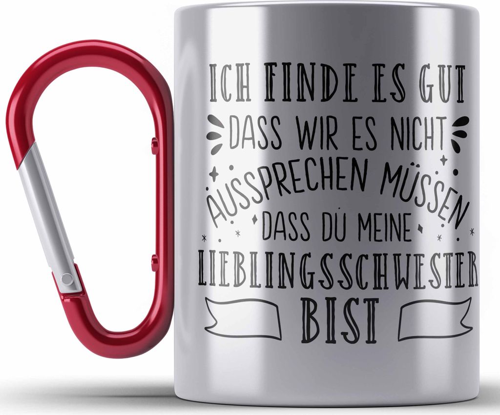 Trendation - Lieblingsschwester Edelstahl Tasse Karabiner Geschenk für Schwester Spruch Schwester Karabiner Edelstahl Tasse Karabiner Edelstahl Ge...
