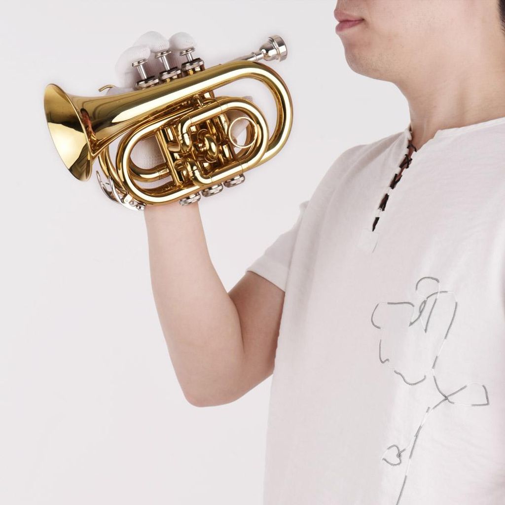 Mini-Taschentrompete Bb Flachblasinstrument aus Messingmaterial mit Mundstück Handschuhe Reinigungstuch Tragetasche