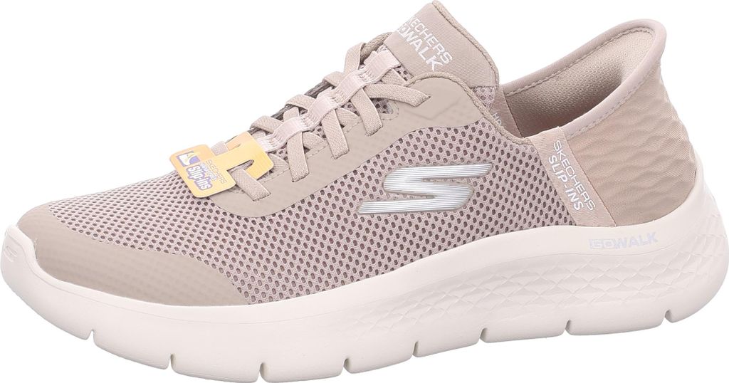 A side view of a beige Skechers Slip-ins women's shoe.