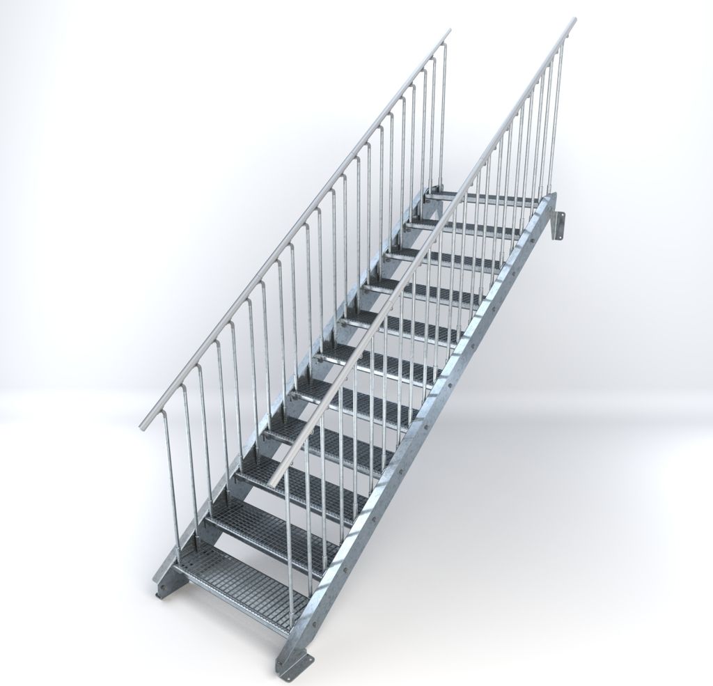 Stahltreppe 11 Stufen bis Höhe 220 cm, Laufbreite : 90 cm beidseitiges Geländer ST 1 (31 / 31 mm)