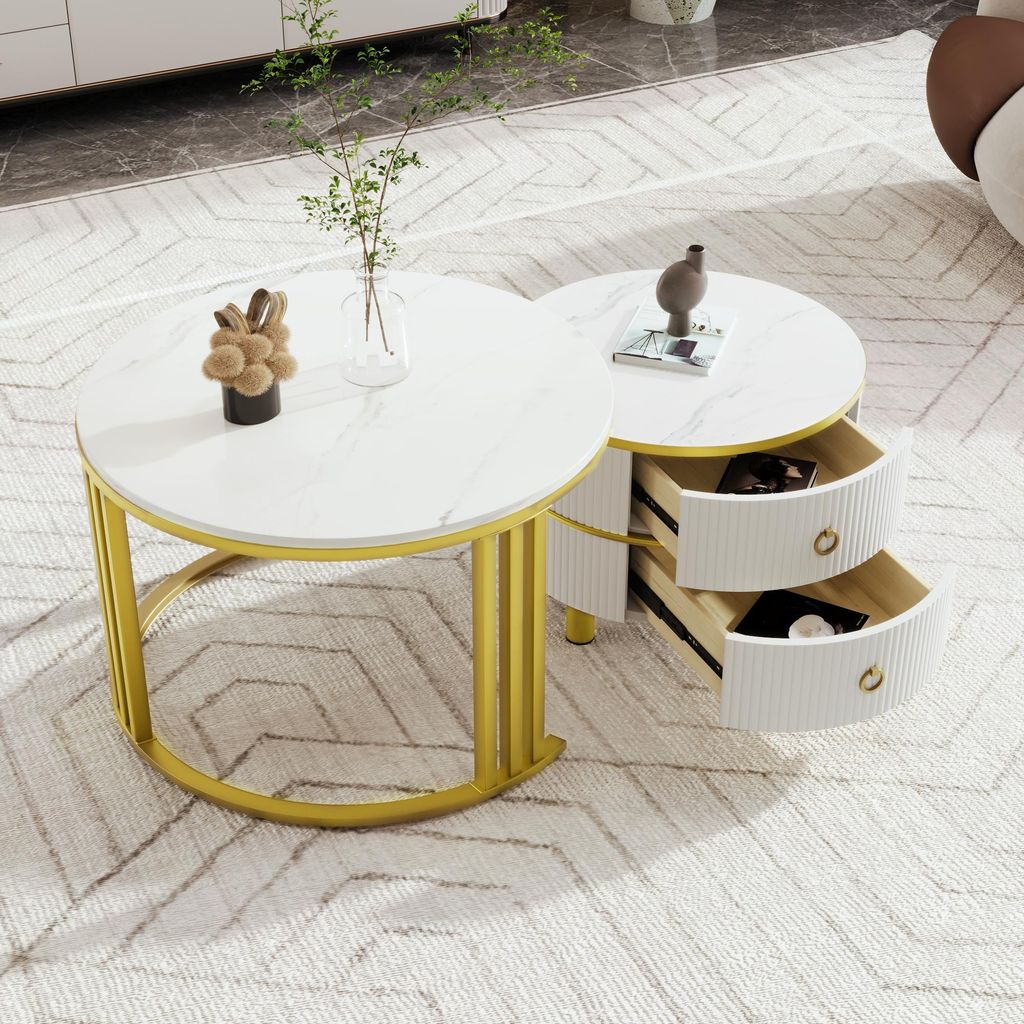 STILVORA Couchtisch mit glänzender Platte und weißer Marmorplatte, Sofatischkombination mit 2 Schubladen, neben dem Sofa, Arbeitszimmer, Balkon