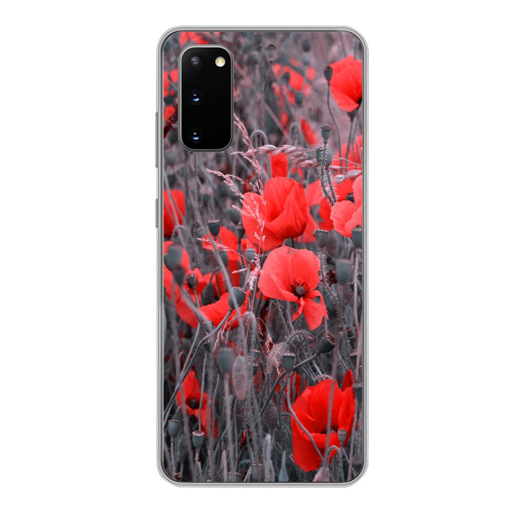 MuchoWow Handyhülle Schutzhülle Hülle für Samsung Galaxy S20 Rote Mohnblumen in einem Schwarz-Weiß-Bild Silikon Softcase Handy Hülle - Bild
