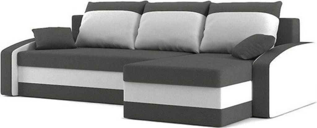 Logan-Ecksofa mit Schlaffunktion und Bettkasten in grau und Produktbild 