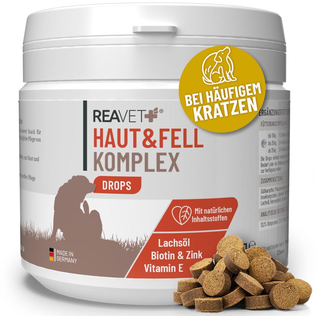 REAVET Haut & Fell Drops – Leckerli für Hunde, die sich häufig kratzen – Hundesnack mit Lachsöl & Biotin, sowie mit hautberuhigenden Inhalts...