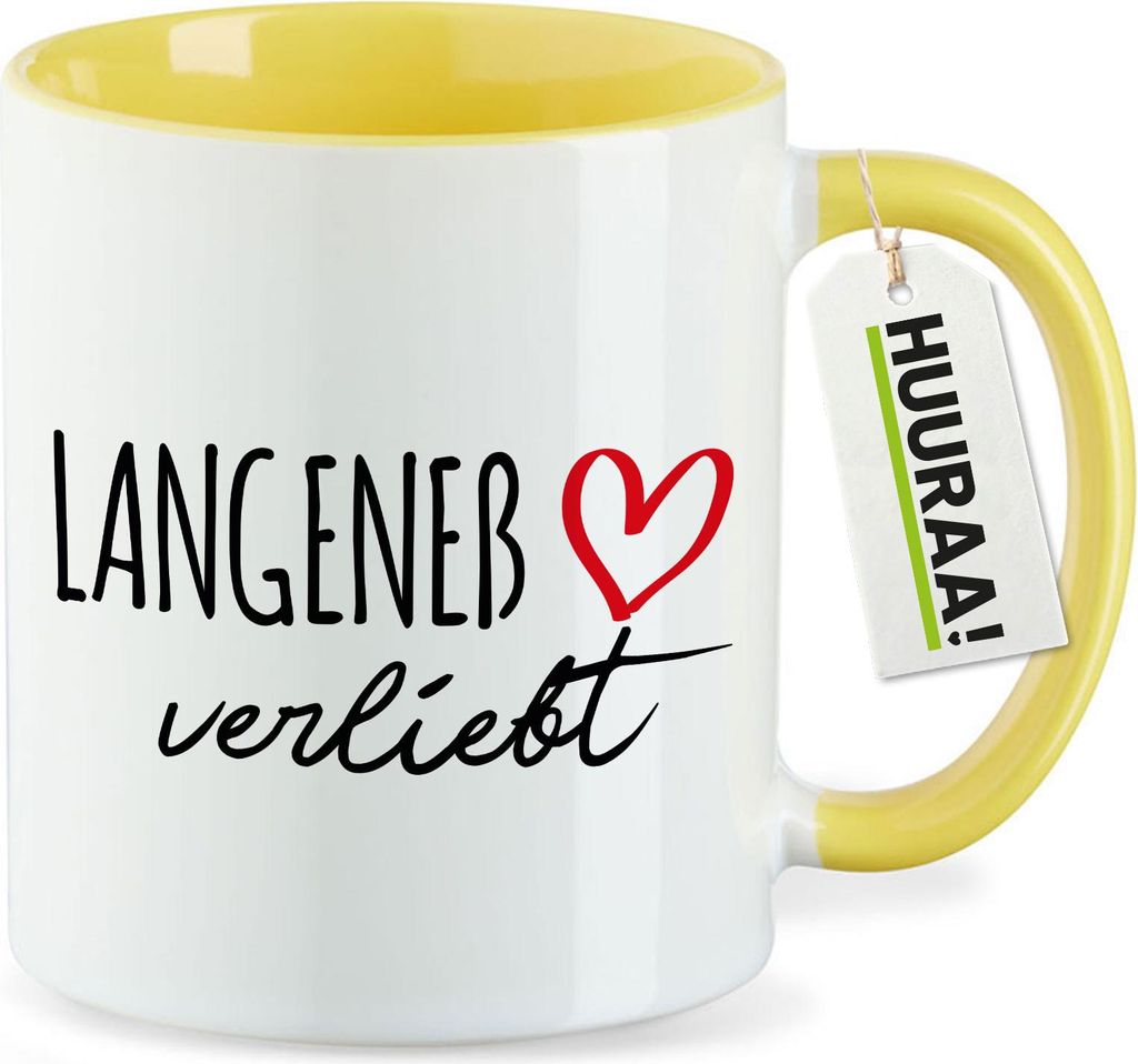 Huuraa Kaffeetasse Langeneß verliebt 330ml Gelb Keramik Kaffeebecher Geschenkidee