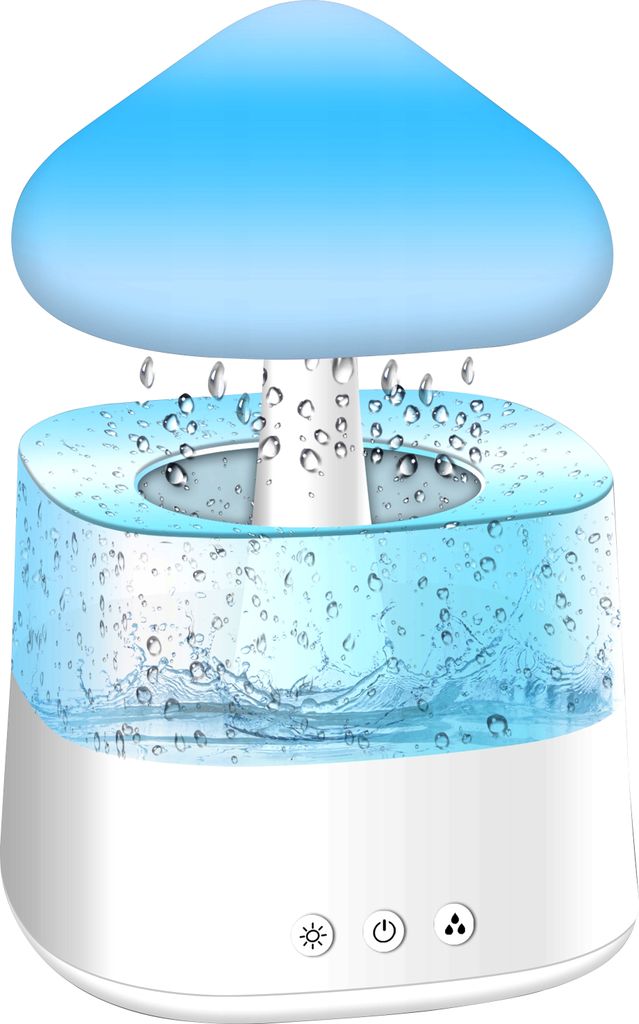 A mushroom-shaped humidifier with a blue light and water droplets.