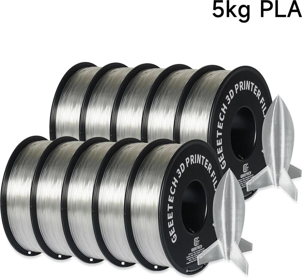 PLA Filament für 3D-Drucker - Standard PLA - 1,75 mm ±0,03 mm - Verwicklungsfrei - Vakuumverpackt - 10 kg, 10er-Set - Transparent