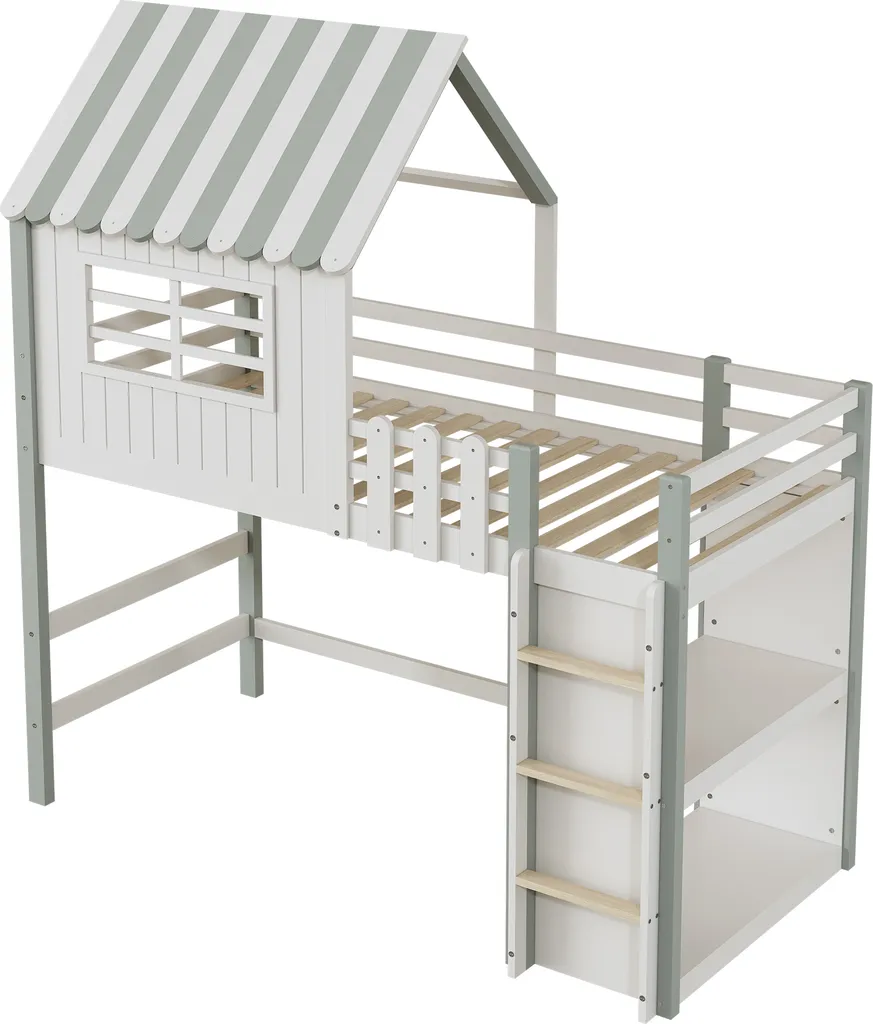 Lit enfant sécurisé 90x200 cm en bois avec rangement et échelle Vert