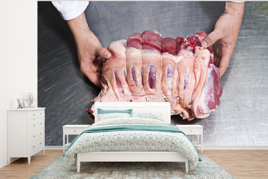 MuchoWow Fototapete für Wohnzimmer oder Schlafzimmer Wandtapete Vinyl Motivtapete Ein Fleischer nimmt ein Stück Fleisch - 320x240 cm - Tapeten