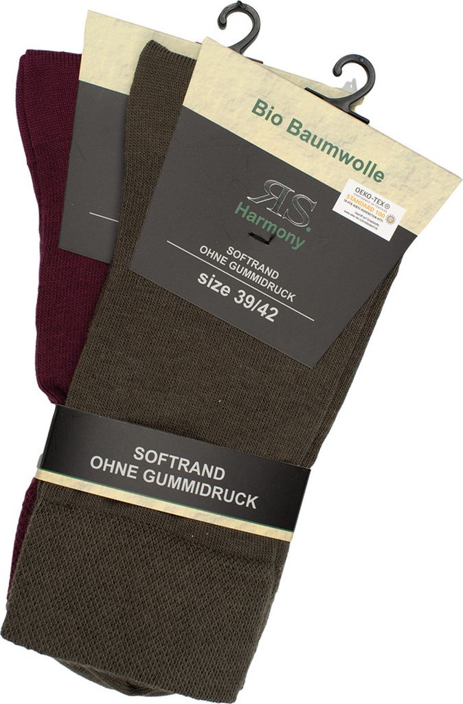 2 Paar Socken Bio 98% Biobaumwolle Organic Damen Herren Socken o. Gummi 35-38 khaki/bordeaux