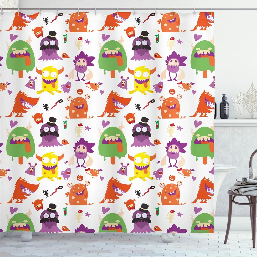 ABAKUHAUS Tenda da doccia extraterrestre, mostri creature divertenti esseri colorati cartoni animati motivo ripetuto, 175 x 180 cm, arancione bruciato multicolore
