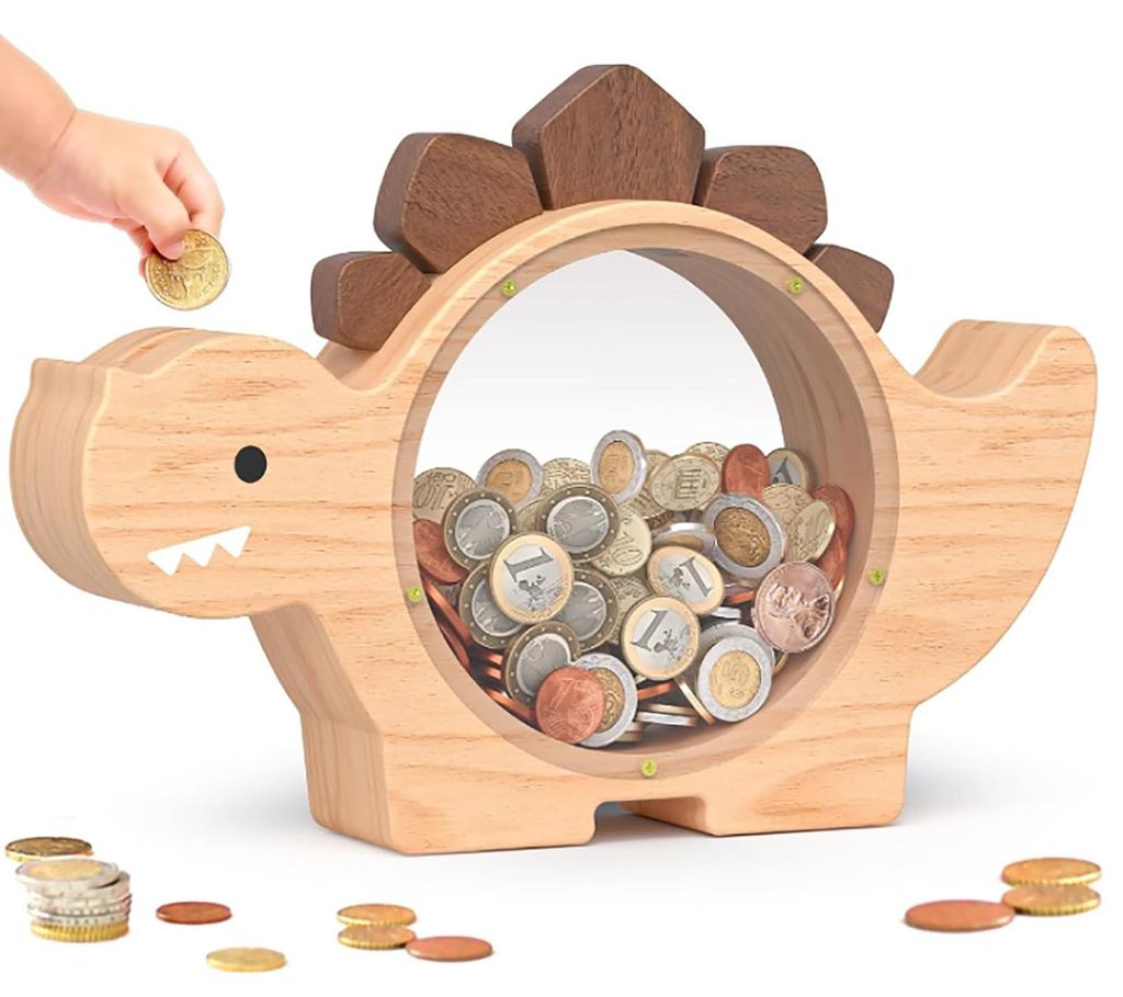 Holzsparschwein in Form eines Dinosauriers für Kinder und Jungen, niedliches Sparschwein mit Dinosauriermotiv, personalisiertes Holzsparschwein, t...
