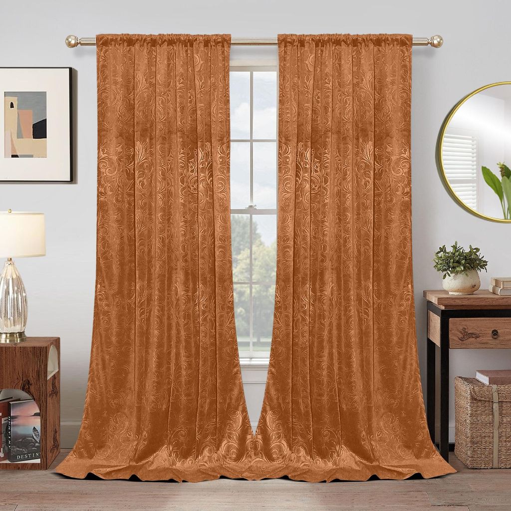 2er Set Samtvorhänge Blumen Muster Blickdicht Samt Vorhang Multifunktionsband Gardinen für Schlafzimmer Wohnzimmer, Orange, B132xH274cm