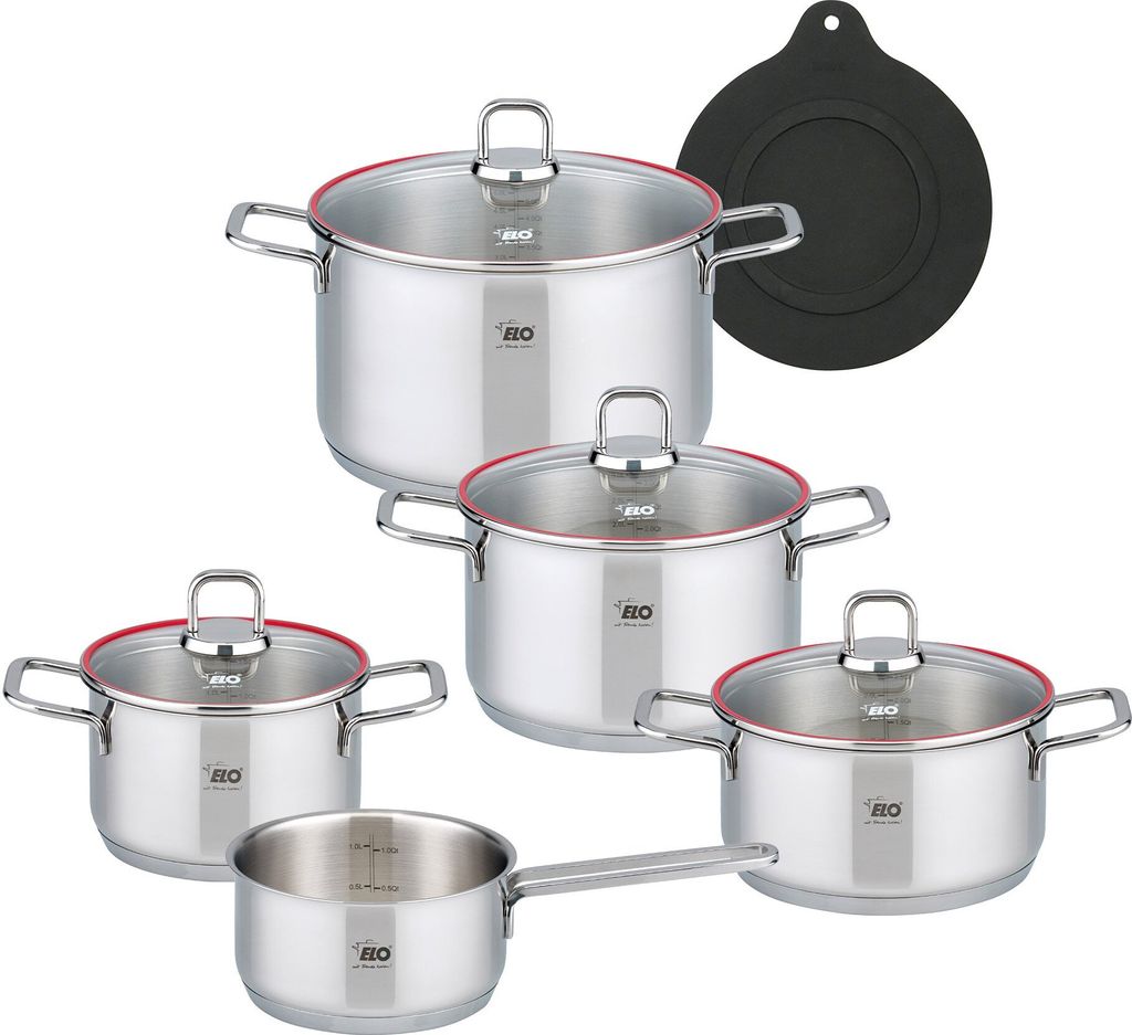 ELO Excellent Topfset aus Edelstahl 18/10, 10-teilig, Kochtöpfe und Stielkasserolle mit Glasdeckeln, Induktionsgeeignet