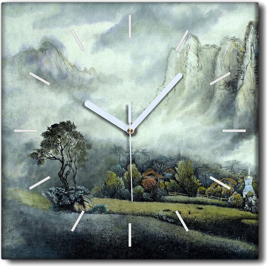 Coloray Uhr auf Leinwand 30x30 cm Wand Uhr Dekoration Wohnzimmer Segeltuch weiße Zeiger -China-Wasserfall-Berge.
