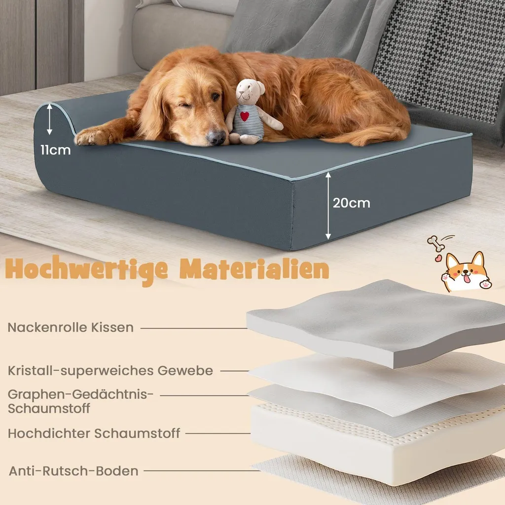 Coussin orthopédique pour grands chiens en mousse à mémoire de forme gris