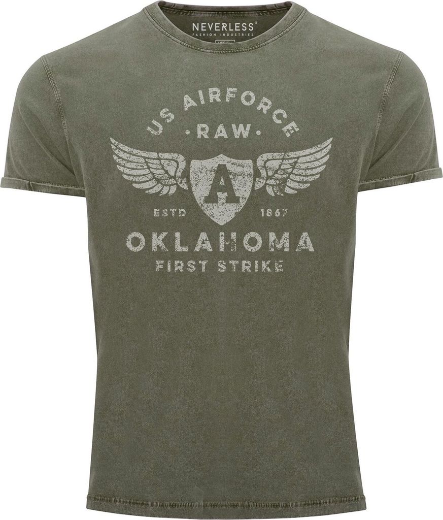 Herren Vintage Shirt Print US Airforce Oklahoma Aviator Used Look Slim Fit Neverless oliv L