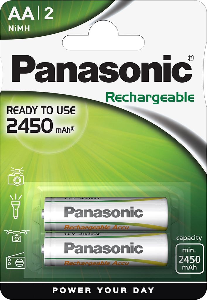 1x2 Panasonic Akku NiMH Mignon AA 2450 mAh Rechargeable Evolta
