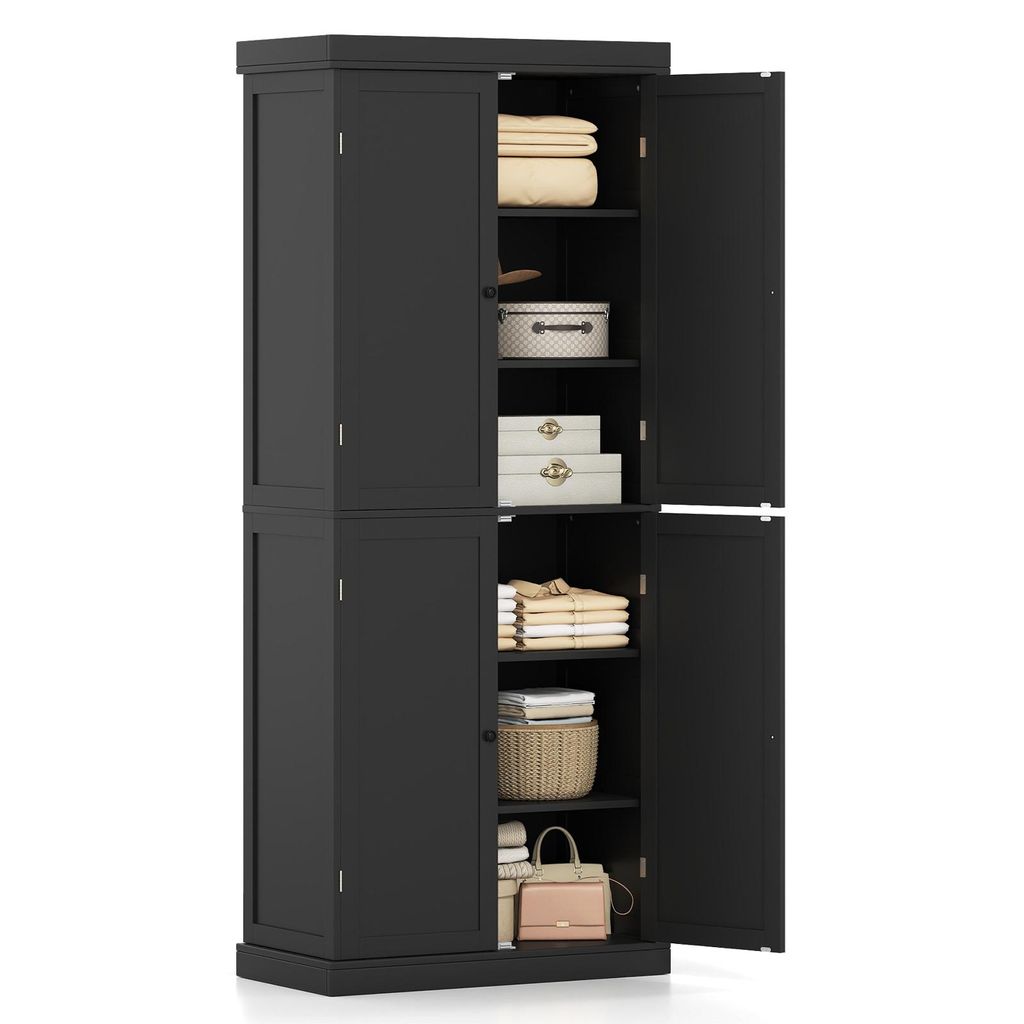 A black storage cabinet with its doors open, revealing shelves stocked with folded linens, boxes, and baskets.
